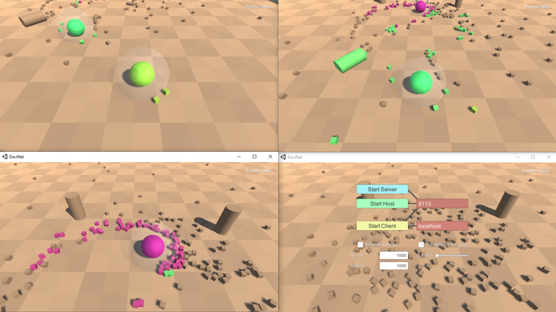Image demonstrating multiple players rolling around an level, pushing large numbers of rigidbodies.